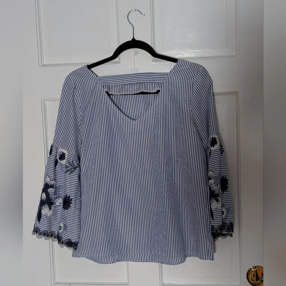 Joseph Ribkoff Blue & White Striped Blouse Floral Embroidered Sleeves - Picture 5 of 5